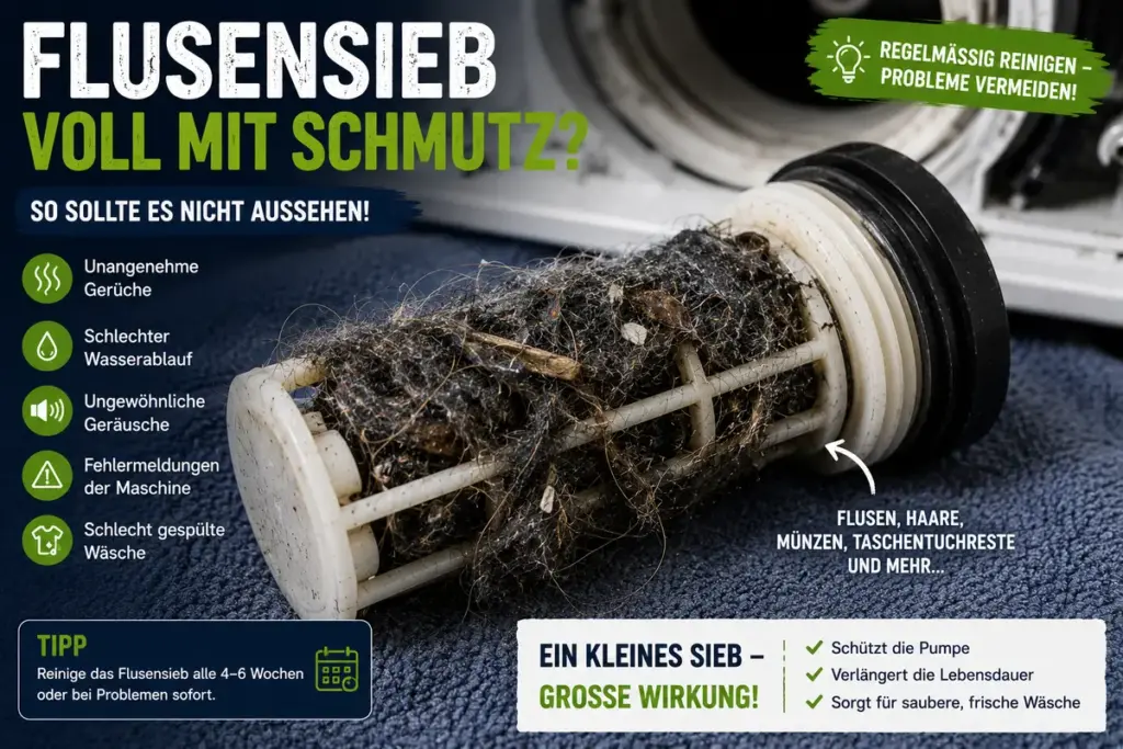 flusensieb waschmaschine reinigen mit stark verschmutztem flusensieb voller haare flusen und schmutz in der waschmaschine