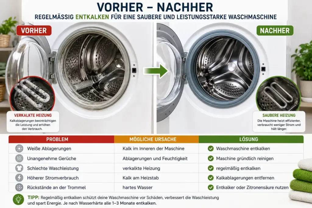 waschmaschine entkalken vorher nachher vergleich mit verkalkter und sauber gereinigter waschmaschine fuer bessere waschleistung und weniger kalkablagerungen