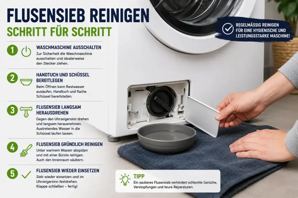 flusensieb waschmaschine reinigen mit geoeffneter wartungsklappe handtuch und vorbereiteter schuessel an der waschmaschine