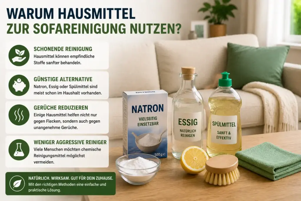 Sofa reinigen Hausmittel mit Natron, Essig und Spülmittel auf Tisch vor hellem Sofa