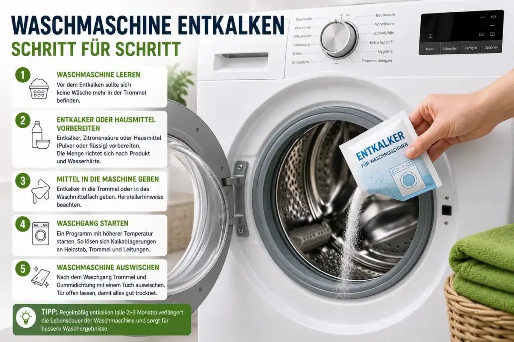 waschmaschine entkalken mit entkalker der in die trommel gegeben wird und schritt fuer schritt anleitung gegen kalkablagerungen
