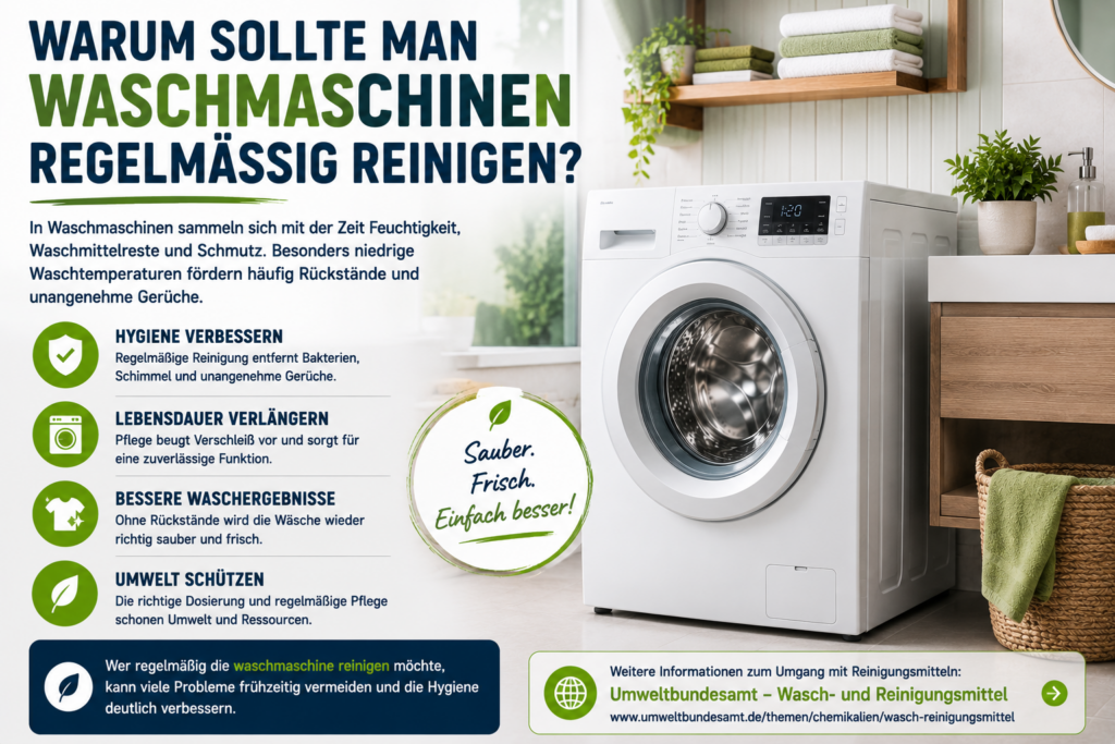 waschmaschine reinigen mit moderner sauberer waschmaschine und infotexten zu hygiene gerüchen und richtiger pflege