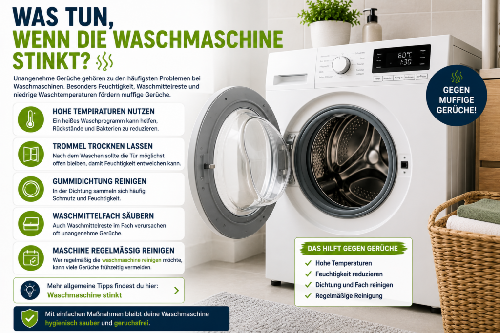 waschmaschine reinigen bei muffigem geruch mit geöffneter waschmaschine und tipps gegen schlechte gerüche