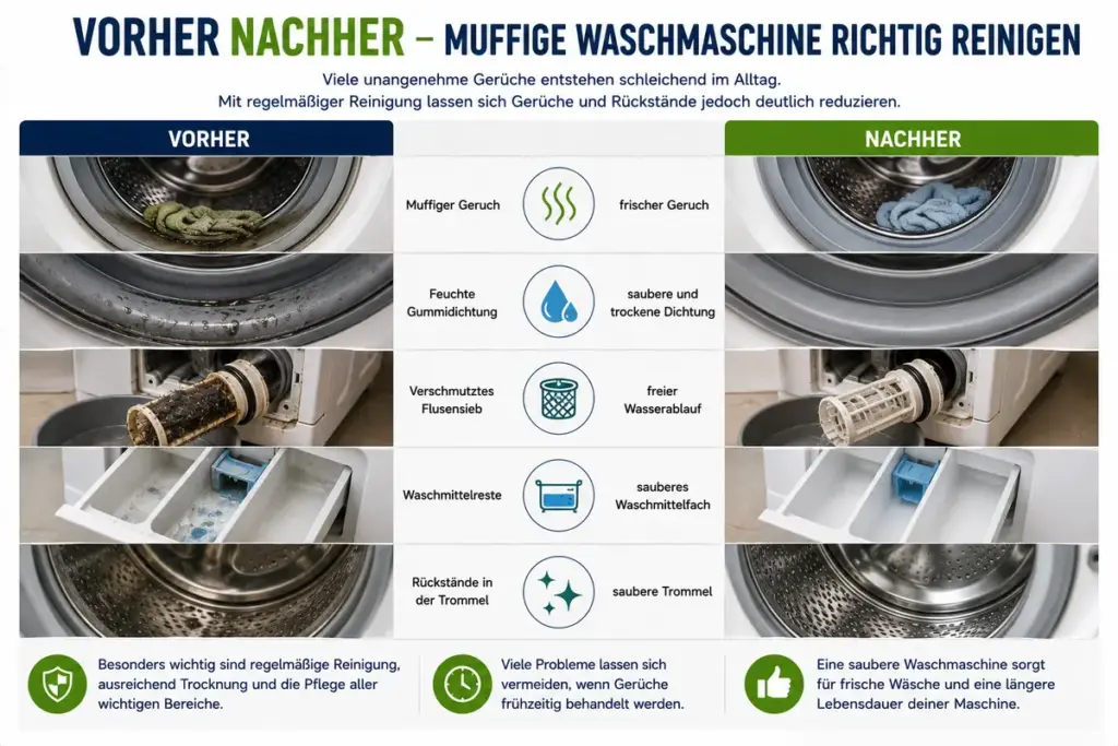 waschmaschine stinkt vorher nachher vergleich mit sauberer trommel trockener dichtung und gereinigtem flusensieb