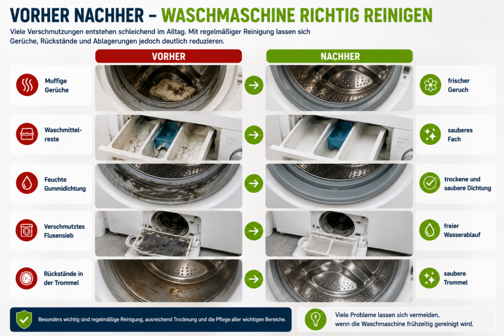 waschmaschine reinigen mit vorher nachher vergleich von sauberer trommel dichtung flusensieb und waschmittelfach