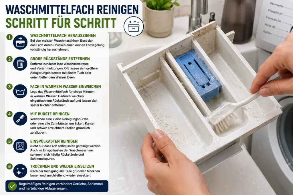Waschmittelfach reinigen: Herausgenommenes Waschmittelfach wird mit einer Bürste gründlich von Waschmittelresten und Schmutz befreit