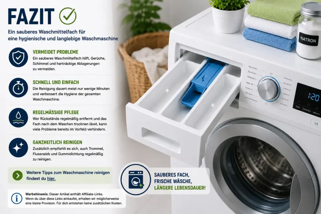 Waschmittelfach reinigen: Saubere moderne Waschmaschine mit gereinigtem Waschmittelfach für mehr Hygiene und frische Wäsche