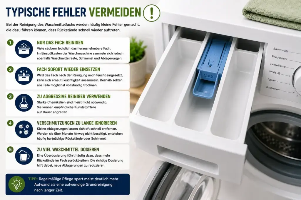 Waschmittelfach reinigen: Sauberes und trockenes Waschmittelfach in einer geöffneten Waschmaschine nach erfolgreicher Reinigung