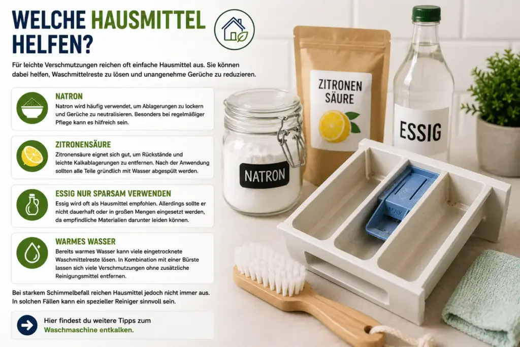 Waschmittelfach reinigen: Natron, Zitronensäure und Reinigungsbürste neben einem ausgebauten Waschmittelfach