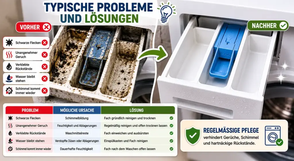 Waschmittelfach reinigen: Vorher-Nachher Vergleich eines verschmutzten und gründlich gereinigten Waschmittelfachs in der Waschmaschine