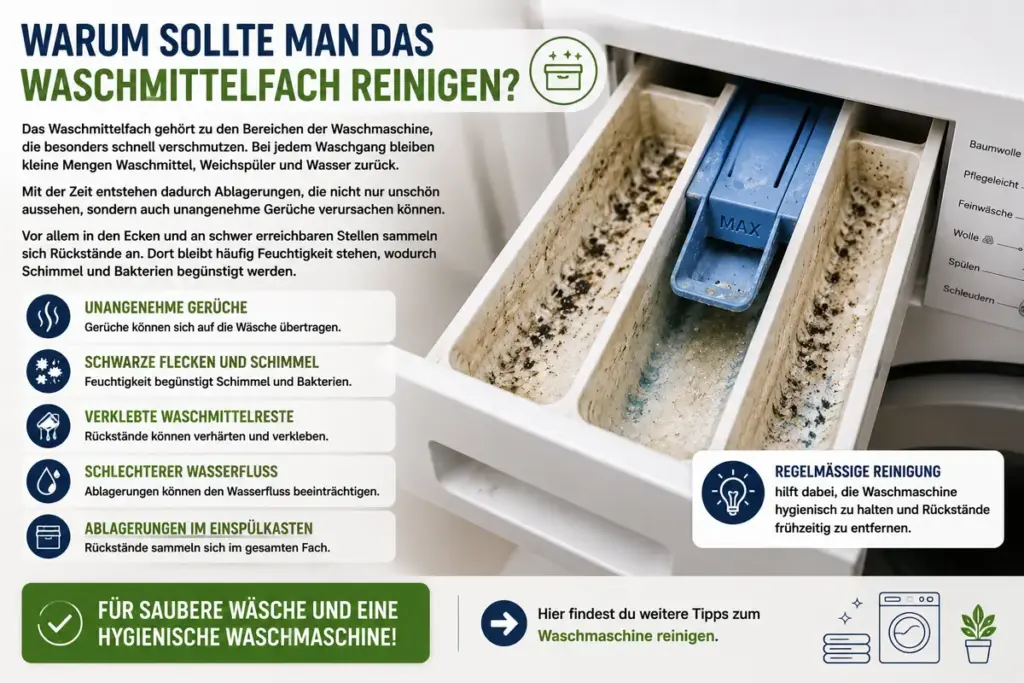 Waschmittelfach reinigen: Verschmutztes Waschmittelfach mit Schimmel, Waschmittelresten und Ablagerungen in einer Waschmaschine