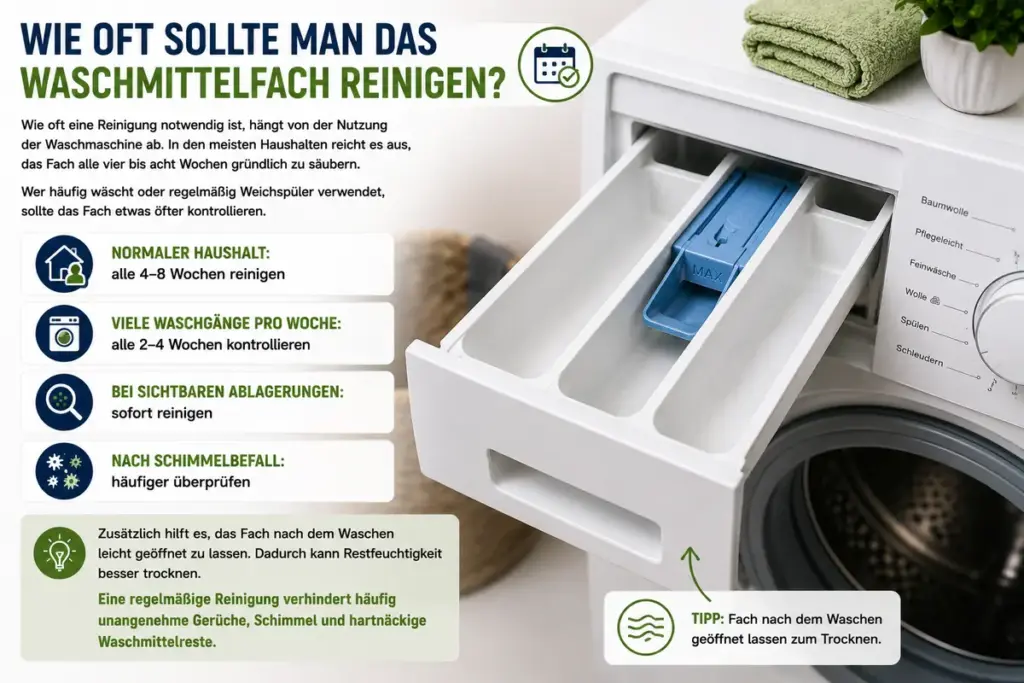 Waschmittelfach reinigen: Sauberes Waschmittelfach bleibt nach der Reinigung leicht geöffnet, damit Restfeuchtigkeit trocknen kann