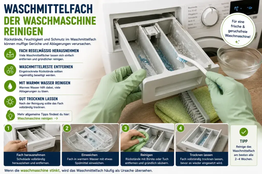 waschmaschine stinkt durch verschmutztes waschmittelfach mit rückständen feuchtigkeit und reinigung des fachs