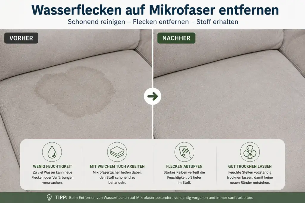 Wasserflecken auf Sofa entfernen – Vorher Nachher Vergleich von Wasserfleck auf Mikrofaser Sofa nach schonender Reinigung mit wenig Feuchtigkeit