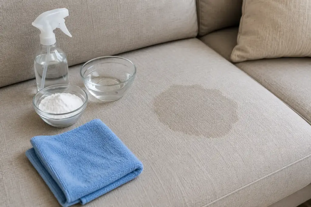 Wasserflecken auf Sofa entfernen – Mikrofasertuch, Natron und destilliertes Wasser zur schonenden Reinigung von Wasserflecken auf hellem Sofa