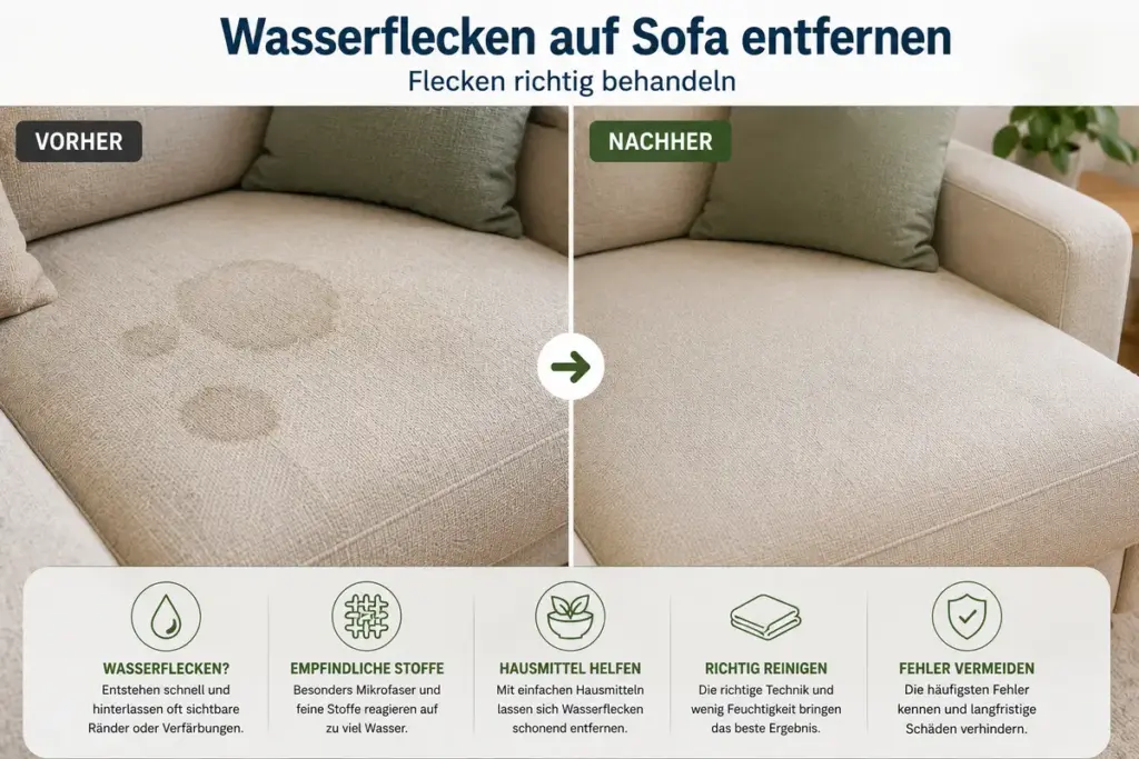 Wasserflecken auf Sofa entfernen – Vorher Nachher Vergleich von Wasserfleck auf hellem Sofa nach schonender Reinigung