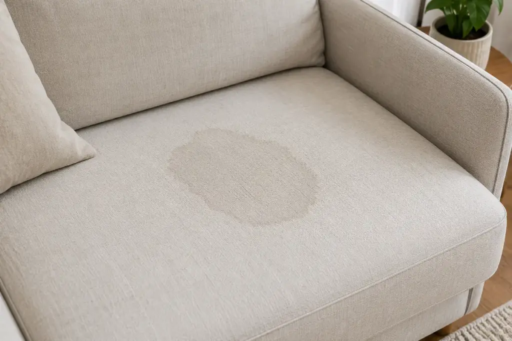 Wasserflecken auf Sofa entfernen – sichtbarer Wasserfleck auf hellem Stoffsofa durch Feuchtigkeit und falsche Reinigung