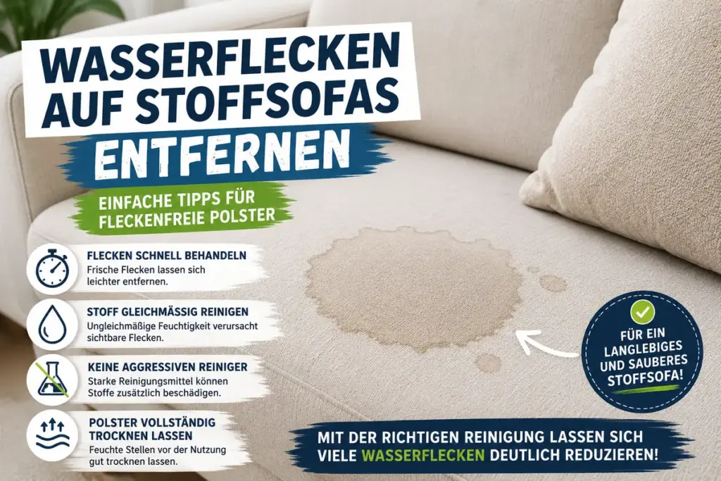 wasserflecken auf sofa entfernen auf hellem stoffsofa mit sichtbarem wasserfleck und reinigungstext