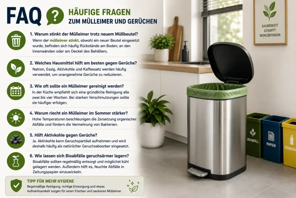 FAQ zu Mülleimergerüchen mit Antworten zu stinkendem Mülleimer trotz neuem Müllbeutel, Hausmitteln gegen Gerüche, Reinigungshäufigkeit, Aktivkohle und Bioabfällen.