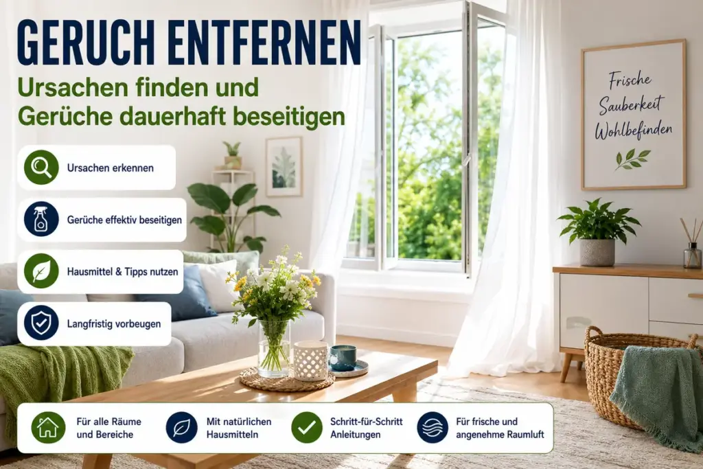 Geruch entfernen: Frischer sauberer Wohnraum mit geöffnetem Fenster, viel Tageslicht und angenehmer Raumluft für ein geruchsfreies Zuhause