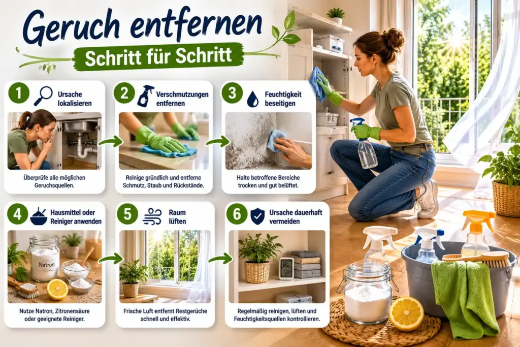 Geruch entfernen: Person beseitigt die Ursache eines unangenehmen Geruchs und lüftet anschließend den Raum für dauerhaft frische Luft