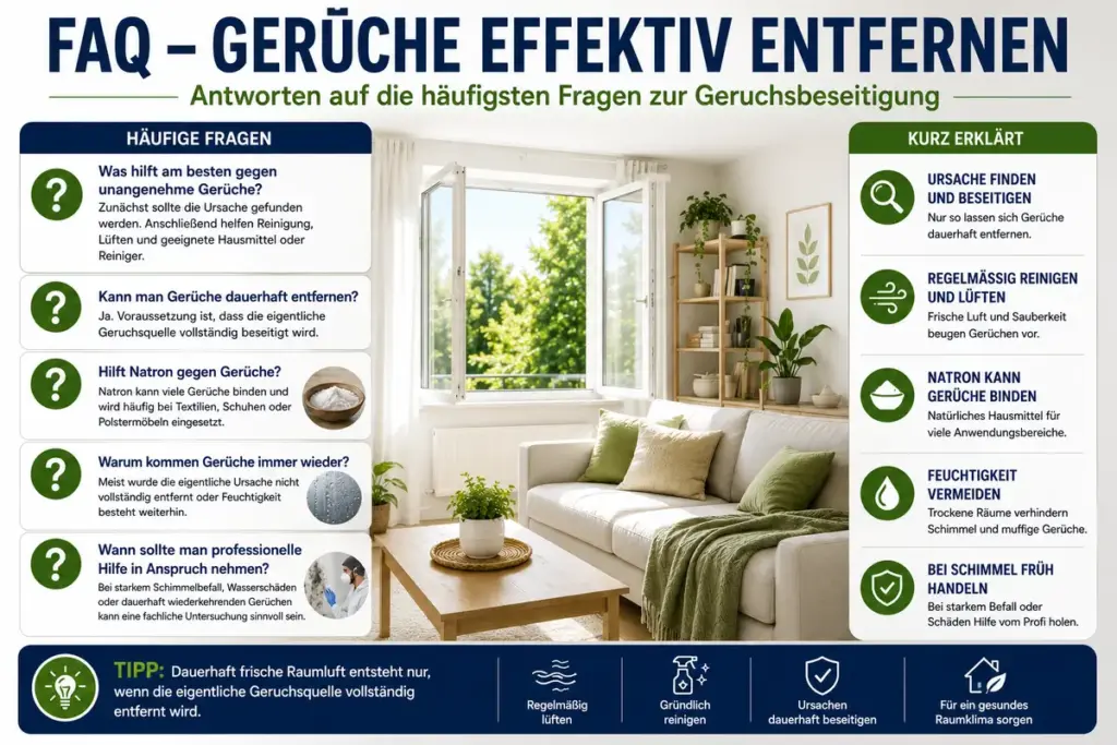 Geruch entfernen FAQ: Sauberer Wohnraum mit Antworten auf häufige Fragen zur Geruchsbeseitigung, frischer Raumluft und langfristiger Vorbeugung von Geruchsproblemen