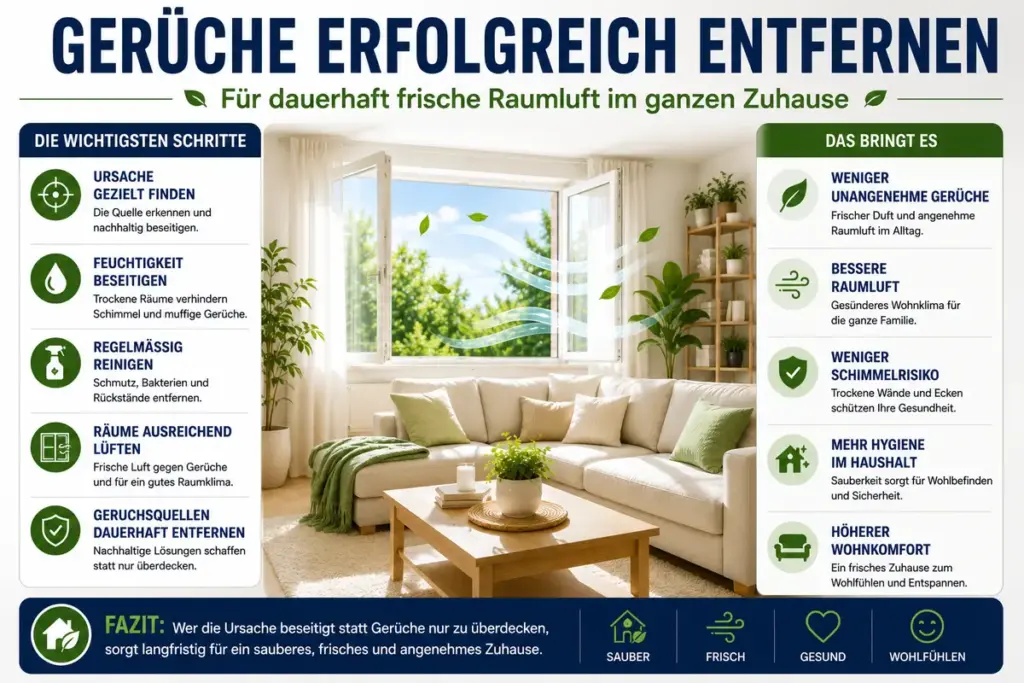 Geruch entfernen: Frischer sauberer Wohnraum mit geöffneter Fensterfront, angenehmer Raumluft und hygienischer Wohnatmosphäre als Symbol für erfolgreich beseitigte Gerüche