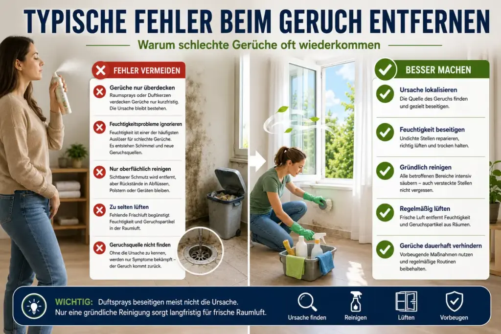 Geruch entfernen: Typische Fehler bei der Geruchsbeseitigung wie Duftspray statt Ursachenbekämpfung sowie die richtige Vorgehensweise für dauerhaft frische Raumluft