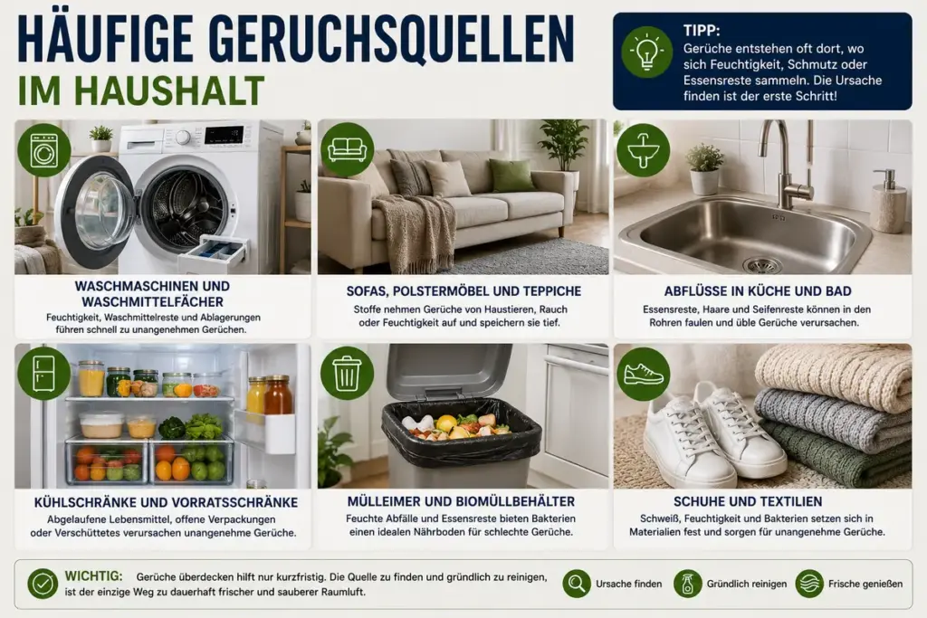 Geruch entfernen: Typische Geruchsquellen im Haushalt wie Sofa, Waschmaschine, Abfluss und Mülleimer als Ursachen für unangenehme Gerüche