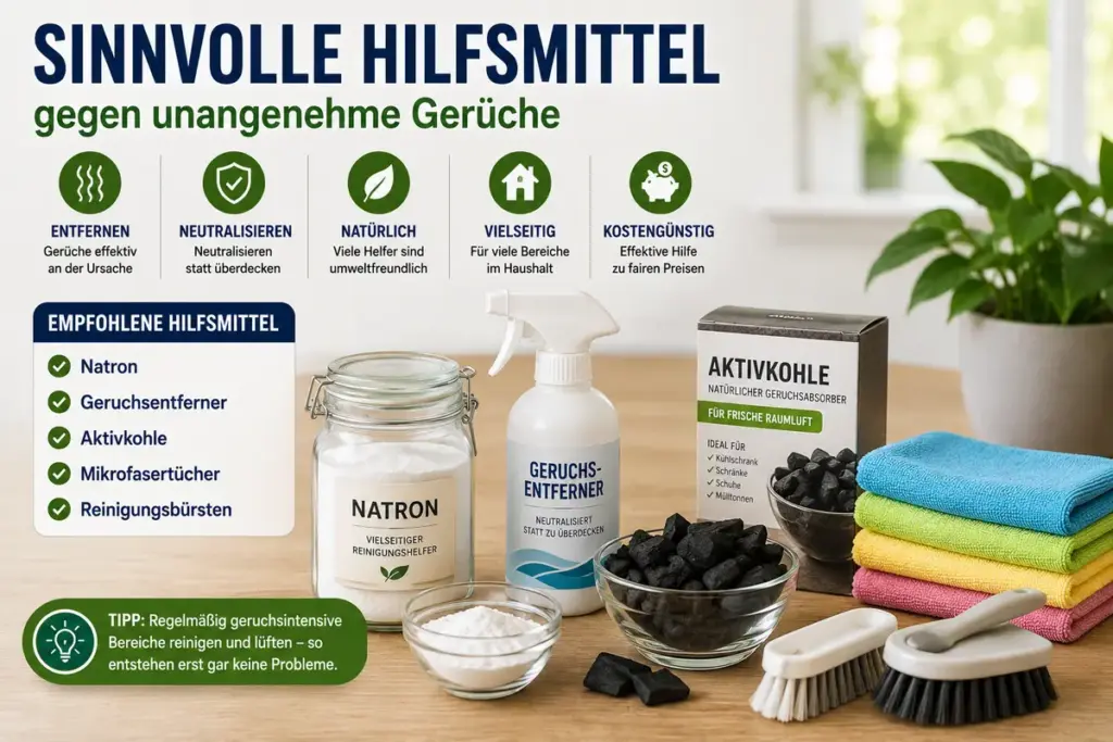 Geruch entfernen: Natron, Aktivkohle, Geruchsentferner, Mikrofasertücher und Reinigungsbürsten als hilfreiche Mittel gegen unangenehme Gerüche im Haushalt
