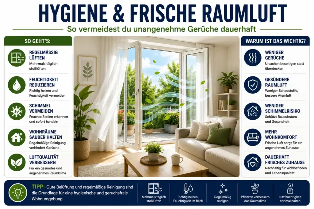 Geruch entfernen: Frischer Wohnraum mit geöffneter Balkontür, guter Belüftung und sauberer Raumluft zur Vorbeugung unangenehmer Gerüche