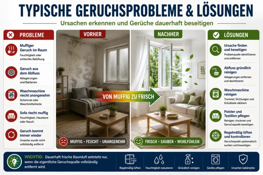 Geruch entfernen: Vorher-Nachher Vergleich eines Wohnraums mit muffigem Geruch und frischer Raumluft sowie Lösungen für typische Geruchsprobleme im Haushalt