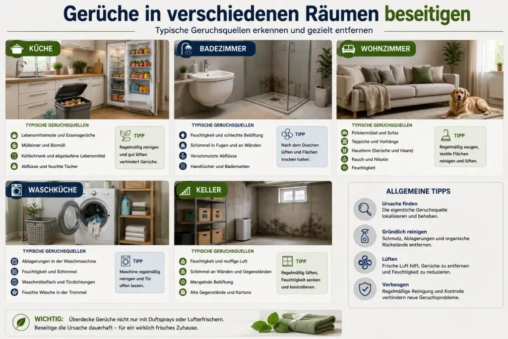 Geruch entfernen: Typische Geruchsquellen in Küche, Badezimmer, Wohnzimmer, Waschküche und Keller mit Ursachen für unangenehme Gerüche im Haushalt