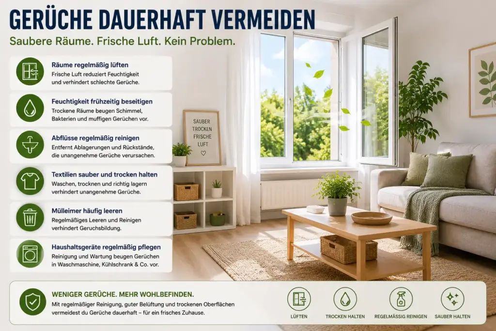 Geruch entfernen und vorbeugen: Geöffnete Fenster, frische Luft und sauberer Wohnraum als wirksame Maßnahmen gegen unangenehme Gerüche im Haushalt