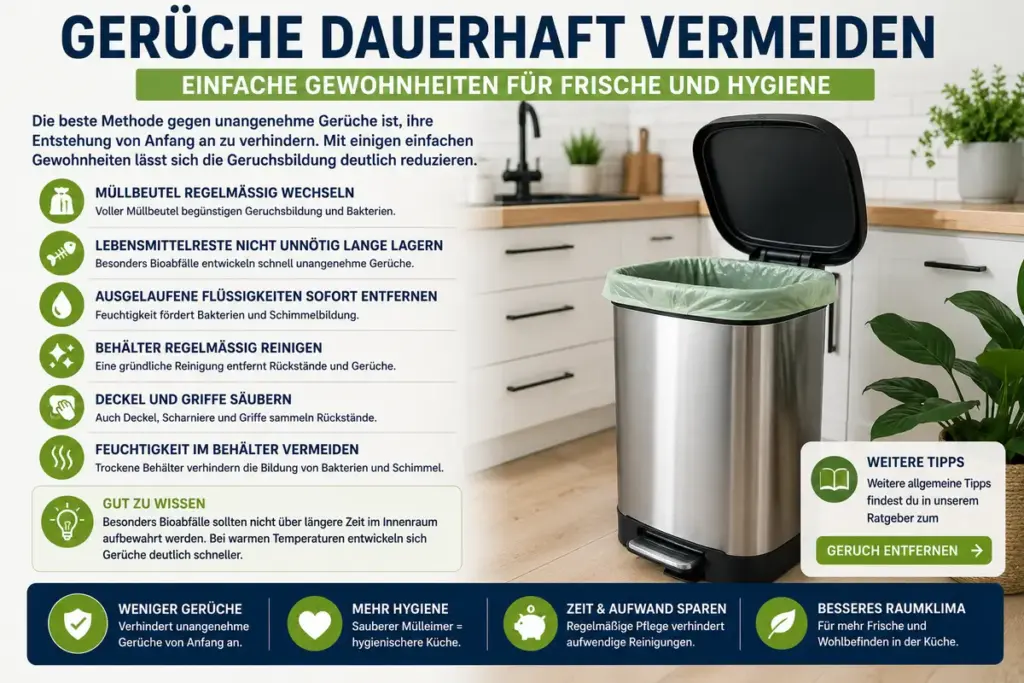 SEO-Infografik zur Vorbeugung von Mülleimergerüchen mit Tipps zum regelmäßigen Müllbeutelwechsel, Reinigen des Behälters, Vermeiden von Feuchtigkeit und hygienischer Küchenpflege.