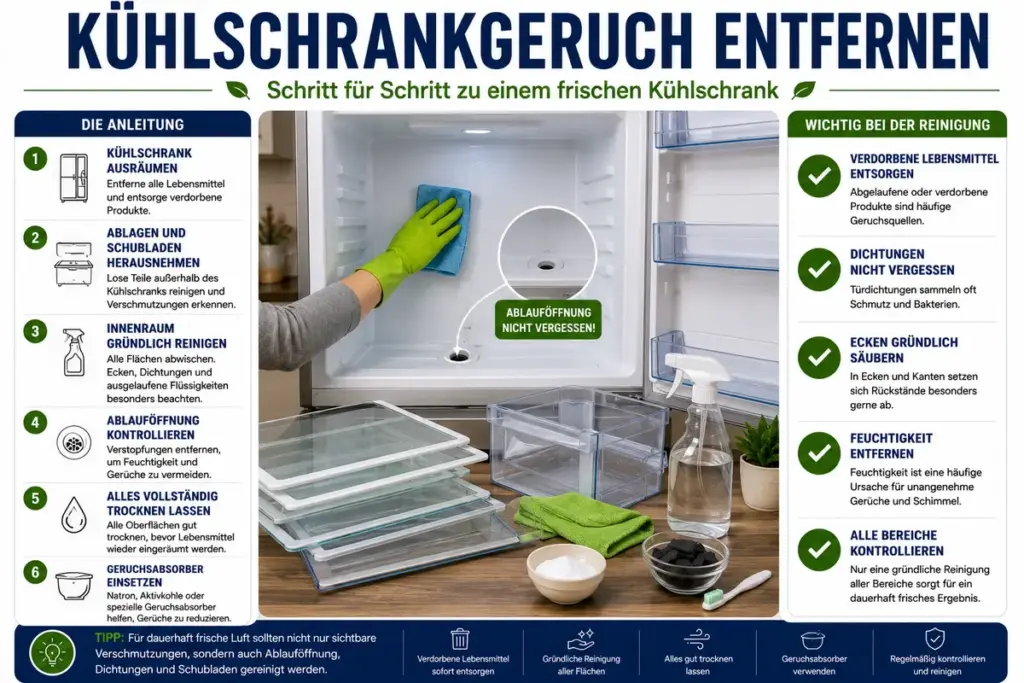 Kühlschrankgeruch entfernen: Ausgeräumter Kühlschrank mit herausgenommenen Ablagen und Schubladen während einer gründlichen Reinigung zur Beseitigung unangenehmer Gerüche
