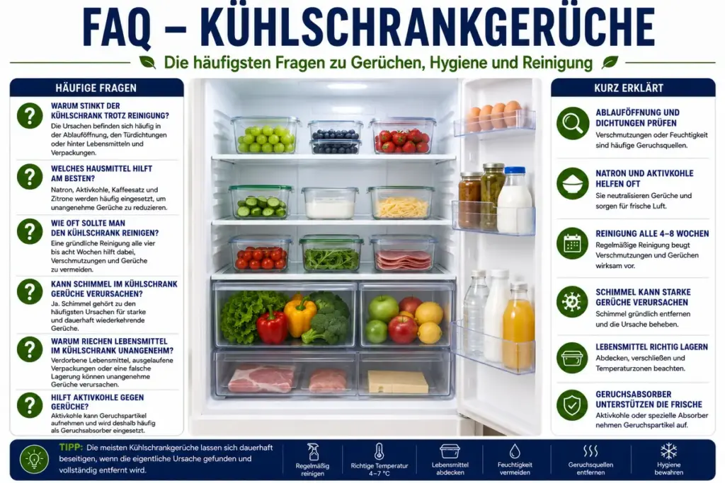 Kühlschrank stinkt FAQ: Sauberer Kühlschrank mit hygienisch gelagerten Lebensmitteln und übersichtlichen Informationen zu Gerüchen, Reinigung, Aktivkohle, Hausmitteln und Lebensmittelhygiene