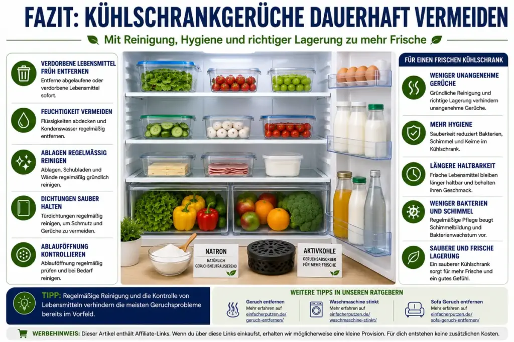 Kühlschrank stinkt Fazit: Sauberer Kühlschrank mit frischen Lebensmitteln, hygienisch gereinigten Ablagen und angenehmer Frische nach erfolgreicher Beseitigung von Gerüchen
