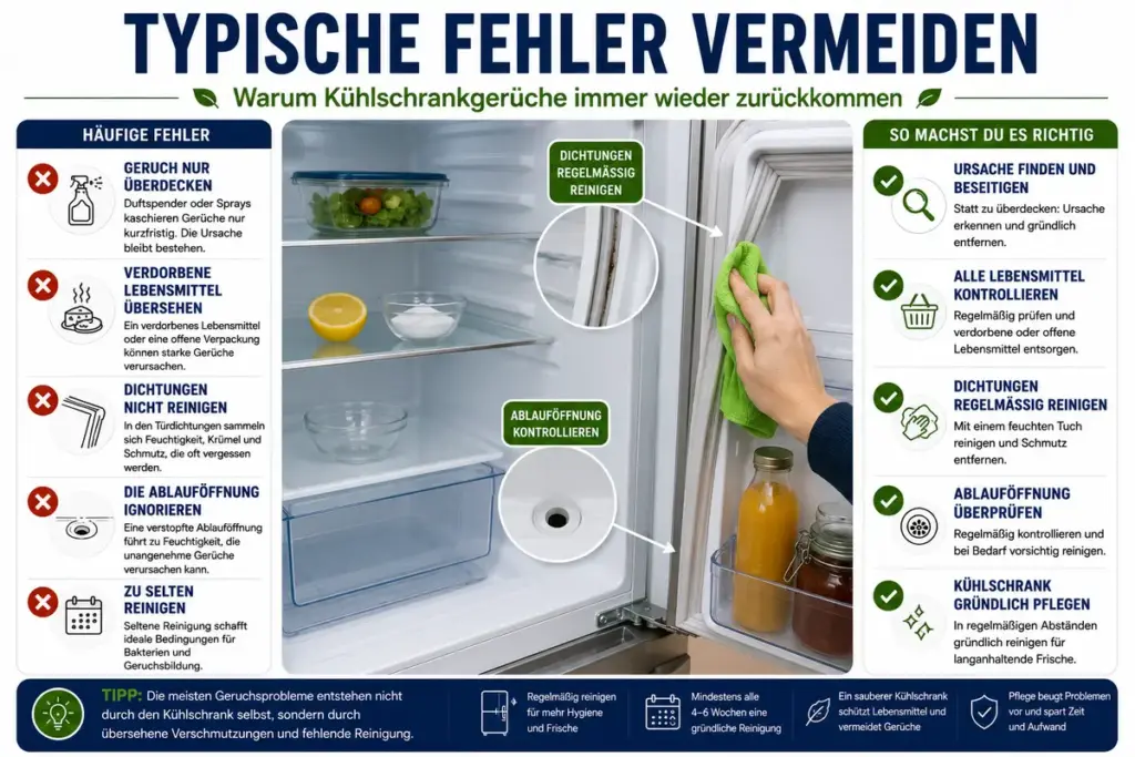 Kühlschrank stinkt: Reinigung der Kühlschrankdichtung und Kontrolle der Ablauföffnung zur Vermeidung typischer Fehler bei der Beseitigung unangenehmer Gerüche