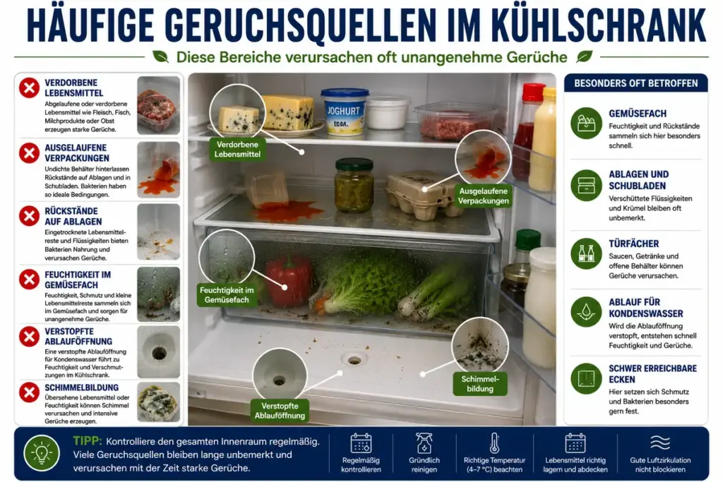 Kühlschrank stinkt: Gemüsefach, Ablauföffnung, ausgelaufene Lebensmittel und verdorbene Produkte als typische Geruchsquellen im Kühlschrank