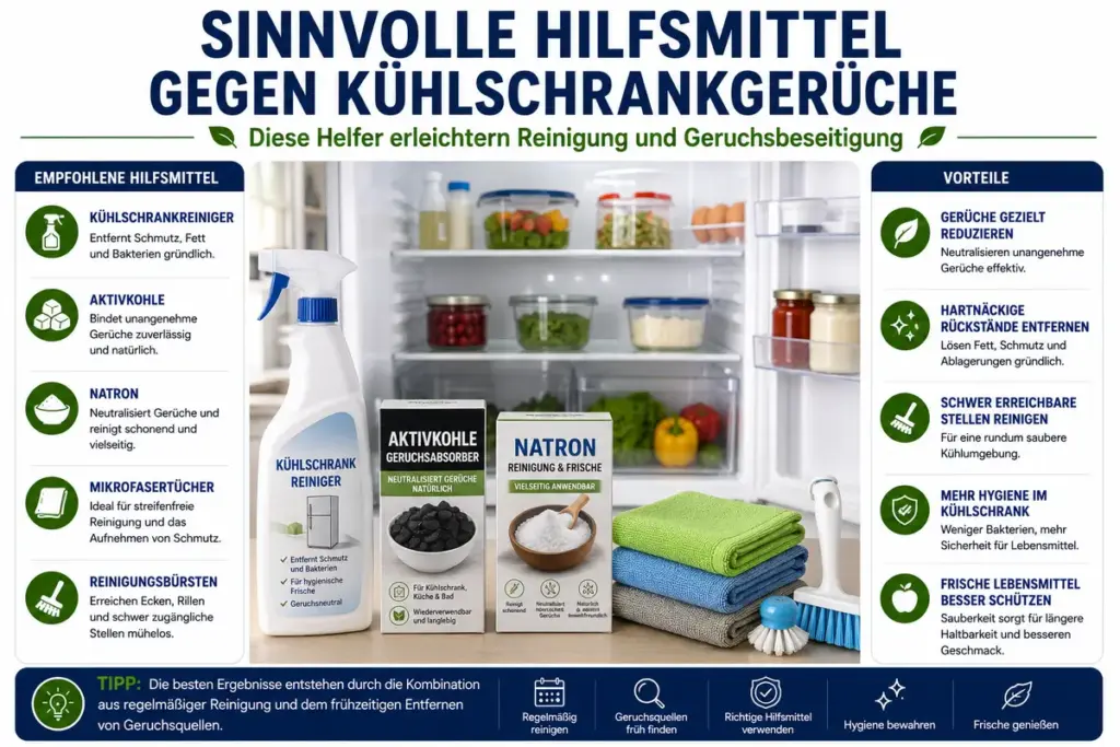 Kühlschrank stinkt: Kühlschrankreiniger, Aktivkohle, Natron, Mikrofasertücher und Reinigungsbürsten als sinnvolle Hilfsmittel zur Beseitigung von Kühlschrankgerüchen