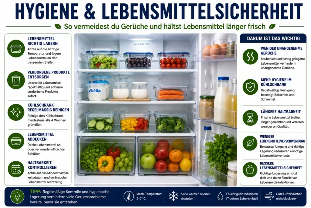 Kühlschrank stinkt: Sauberer Kühlschrank mit frischen Lebensmitteln und hygienischer Lagerung in verschlossenen Behältern zur Vorbeugung von Gerüchen und Lebensmittelverlusten