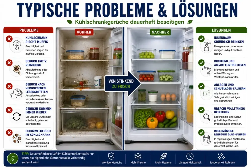 Kühlschrank stinkt: Vorher-Nachher Vergleich eines verschmutzten und gereinigten Kühlschranks mit typischen Geruchsproblemen und den passenden Lösungen für dauerhaft frische Luft
