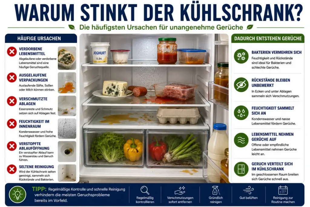 Kühlschrank stinkt: Geöffneter Kühlschrank mit frischen Lebensmitteln und Reinigungssituation