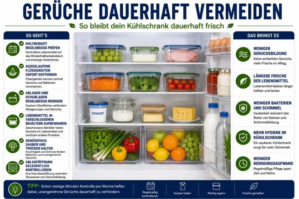 Kühlschrank stinkt vorbeugen: Sauberer und ordentlich eingeräumter Kühlschrank mit frischen Lebensmitteln in verschlossenen Behältern für dauerhaft frische und geruchsfreie Lagerung