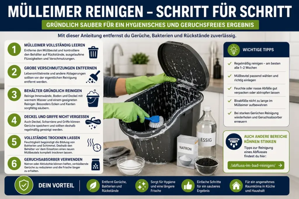SEO-Infografik zur Mülleimer Reinigung Schritt für Schritt mit Müllbeutel entfernen, Behälter reinigen, Deckel säubern, trocknen lassen und Geruchsabsorber gegen unangenehme Gerüche verwenden.