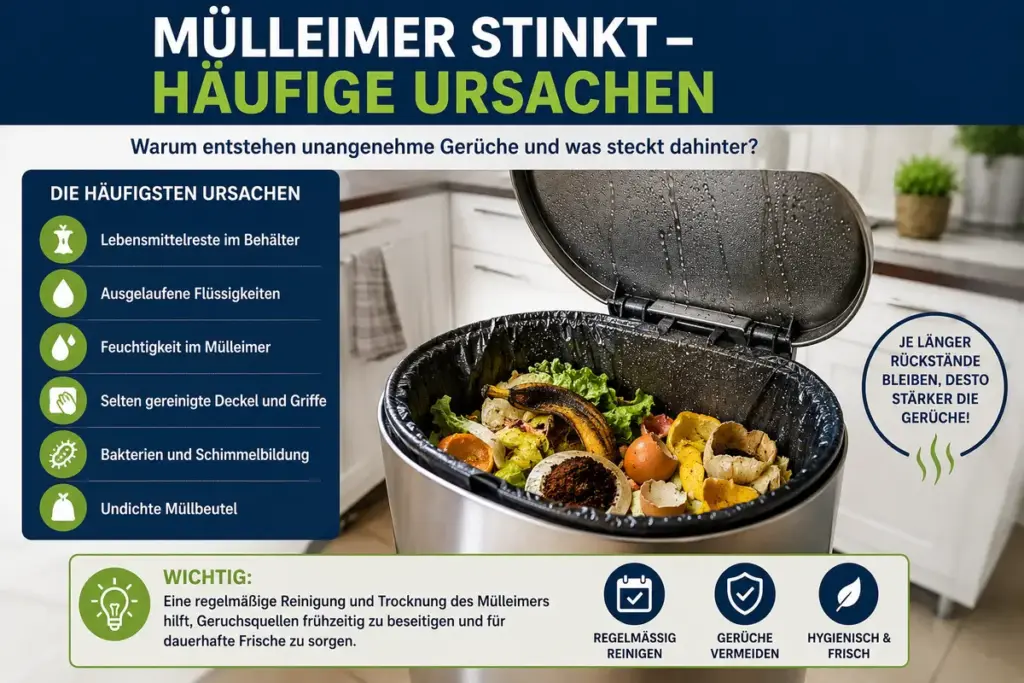 SEO-Infografik zu den häufigsten Ursachen für stinkende Mülleimer mit Lebensmittelresten, Feuchtigkeit, ausgelaufenen Flüssigkeiten, Bakterien und Schimmel im Küchenmülleimer.
