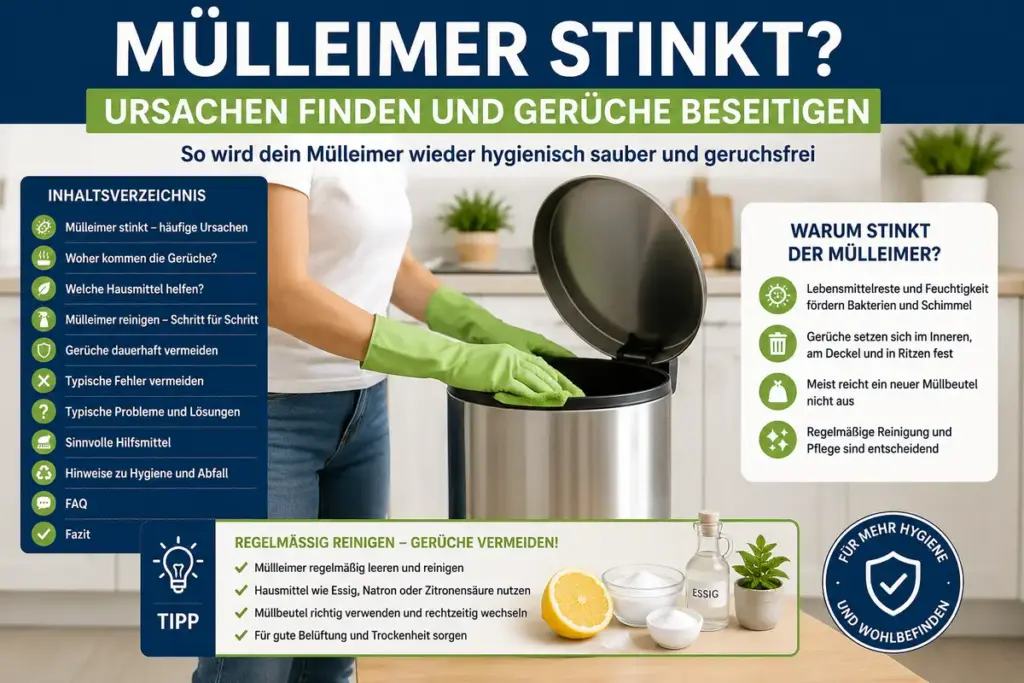 SEO-Infografik zum Thema Mülleimer stinkt mit Ursachen für schlechte Gerüche, Reinigungstipps, Hausmitteln und Maßnahmen zur dauerhaften Geruchsvermeidung in der Küche.