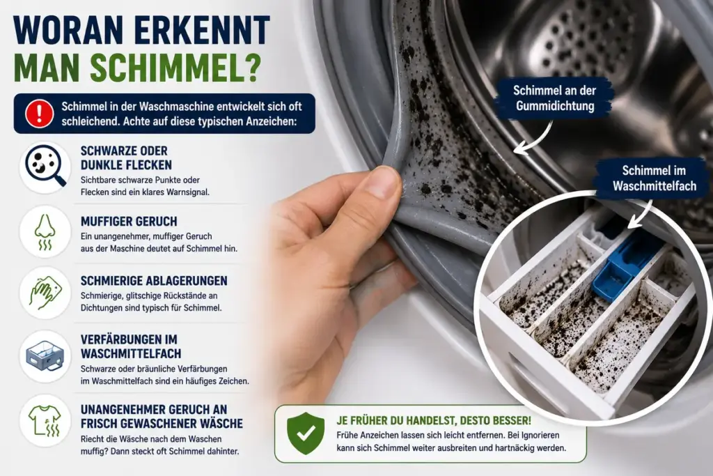 Schimmel in der Waschmaschine entfernen: Schwarze Schimmelflecken an der Gummidichtung und im Waschmittelfach mit typischen Anzeichen für Schimmelbefall