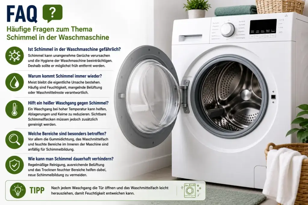 Schimmel in der Waschmaschine entfernen: Geöffnete saubere Waschmaschine mit Antworten auf häufige Fragen zur Schimmelentfernung und Vorbeugung